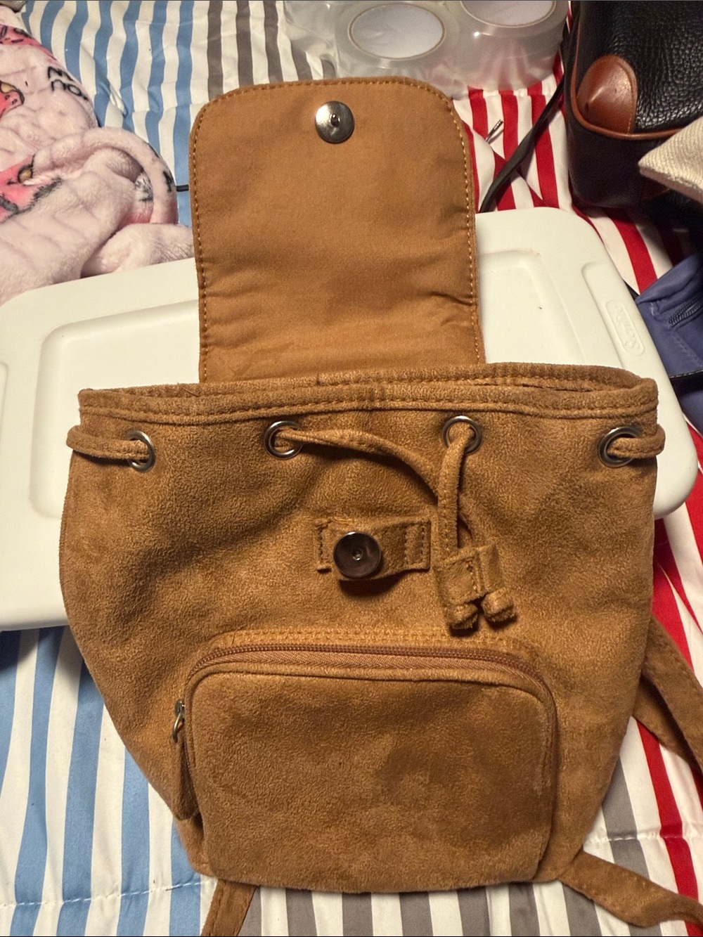 Suede Drawstring Backpack - Brown - Picture 2 of 5